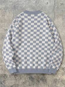 Teen Boys Grey Blue Checkerboard V-Neck Knit Cardigan, Loose Fit Dropped Shoulder Single-Breasted College Style Sweater, Spring/Autumn - Grey - View 8