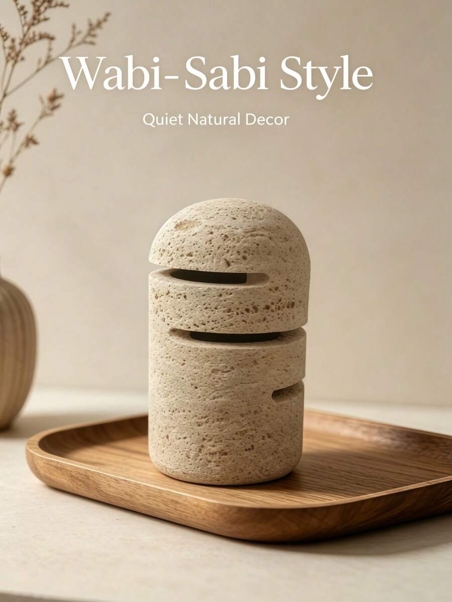Natural Travertine Dome‑Top Decorative Ornament, Multi‑Layer Hollow‑Out Stone Tabletop Sculpture, 9cm Diameter 14.5cm Height Textured Desktop Accent Decor, Exquisite Display Ornament For Living Room, Bedroom, Shelf And Side Table - Wabi-sabi Style Cave Stone Decorative Ornament - View 1