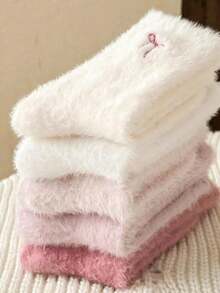 5 Pairs Bow Pattern Plush Over-The-Knee Socks For Women, Warm And Soft, Suitable For Autumn/Winter Wear, Also An Ideal Gift - Multicolor - View 3