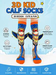 Boys 3D Wing Robot Knee‑High Socks, Cute Cartoon Superhero Printed Novelty Mid‑Calf Socks For Kids - Multicolor - View 5