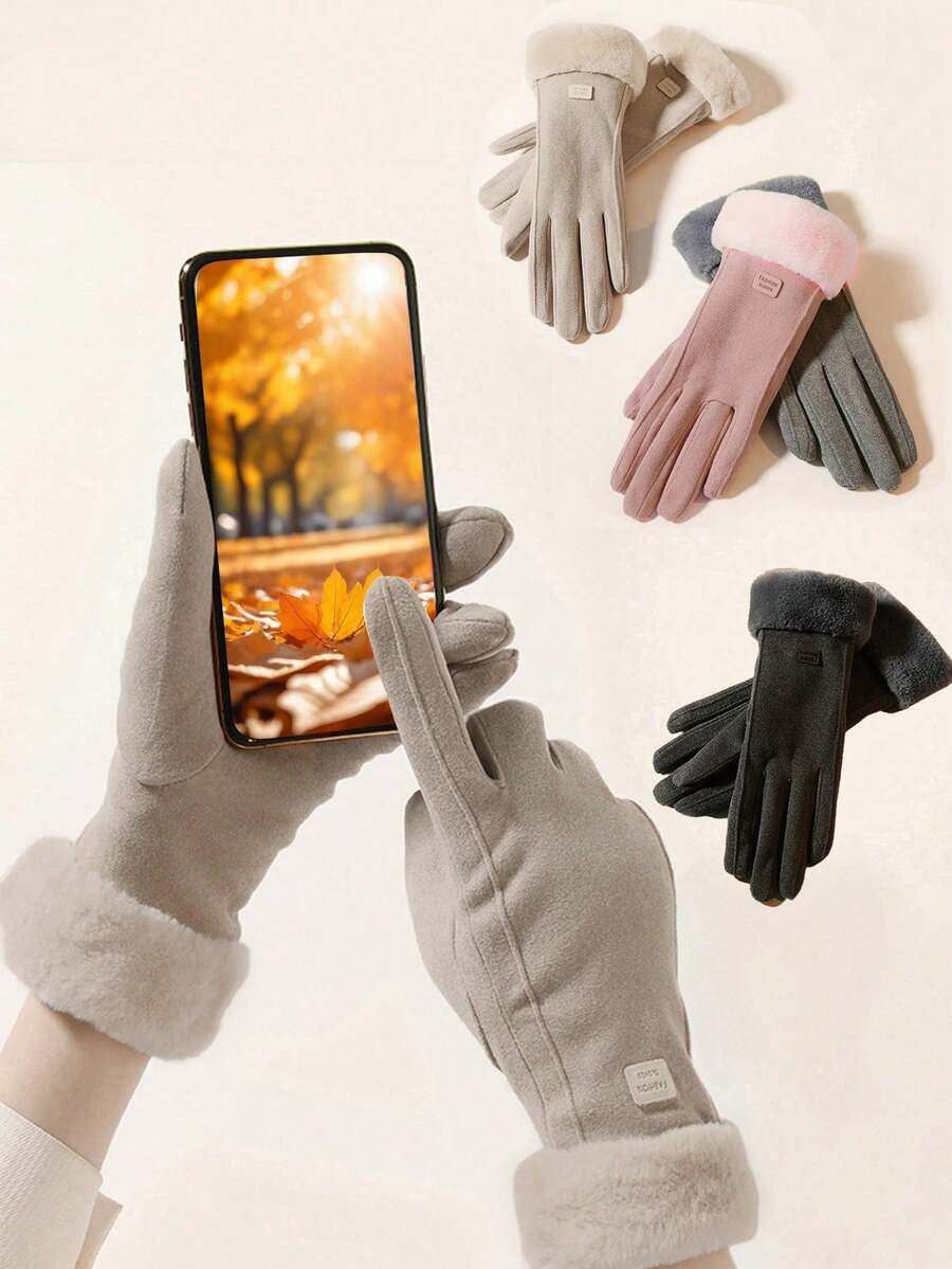 A Pair Of Solid-Color Warm Fleece Gloves For Women In Autumn And Winter,With Touch Screen For Finger,Thickened Windproof And Warm Gloves - Multicolor - View 1