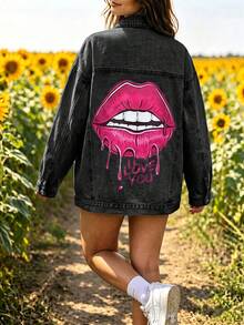 HAPPY GIRL#Spring Autumn Fashion Festival Holiday Daily Travel Airport Outfit Women's Graphic Print Comfortable Commute Denim Jacket - Dark Grey - View 6