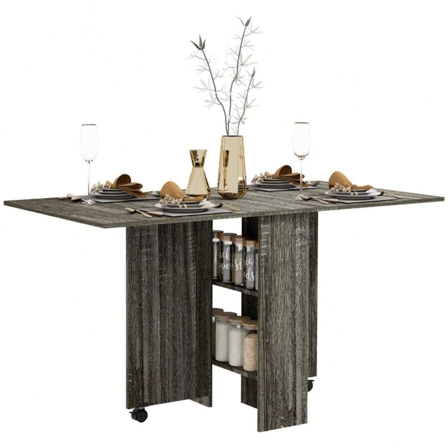 Folding Dining Table, Drop Leaf Table Small Spaces With 2-Tier Shelves, Small Kitchen Table With Rolling Casters, Natural - Grey + Engineered Wood - View 1