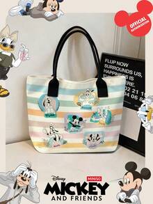 Miniso Disney 米奇與好友帆布托特包，馬卡龍色條紋印花，附手柄肩背包，適合日常使用 - 黑色 - 查看 1