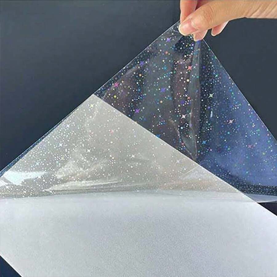 40 Sheets Holographic Star Pattern Sticker, Transparent Holographic Vinyl Laminate Film, 8.3*11.7inch Clear Overlay Laminate Sticker Self-Adhesive Waterproof, No Machine Needed