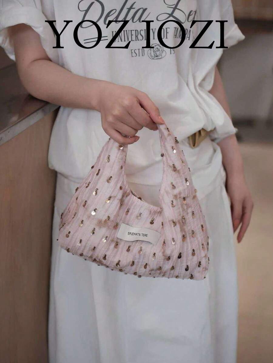 Korean Style Personalized Shiny Sequin Vintage Small Hobo Bag, Niche Design Style Handbag For Commuting, Outing, Daily Shopping, Shoulder Slouchy - Pink - View 1