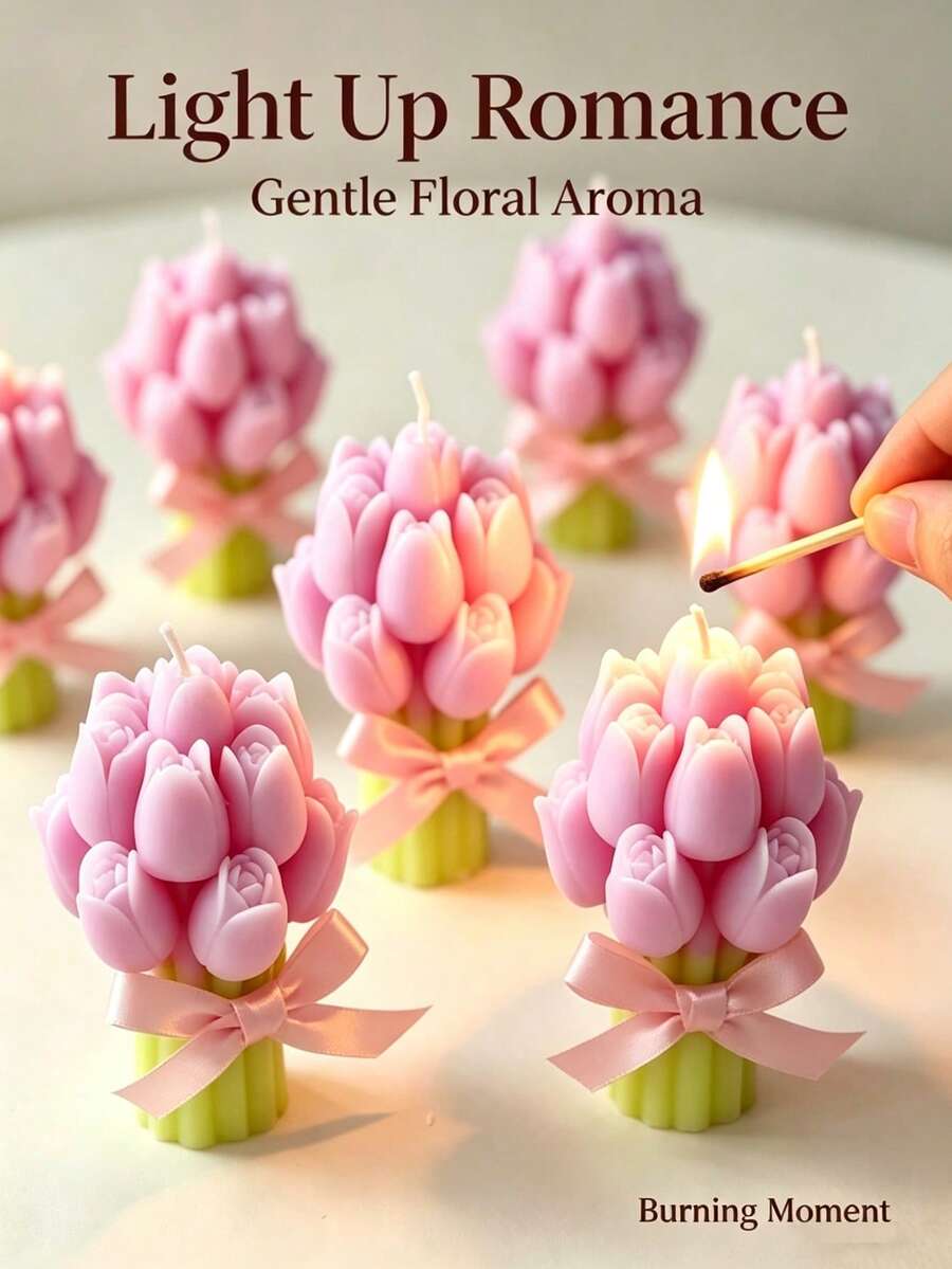Hand‑Made Tulip Bouquet Scented Candle,Floral Aromatherapy Decorative Candle,Romantic Home Table Decor,Valentine Birthday Wedding Gift,Photo Prop