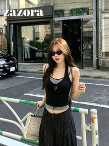 條紋拼接 2 合 1 吊帶背心上衣，修身短版設計，性感夏季女款上衣 - 黑色 - 查看 7
