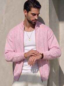 Autumn/Winter New Solid Color High Collar Unisex Elegant Zip-Up Cardigan, Commuting Casual Long Sleeve Knit Sweater - وردي - مشاهدة 2