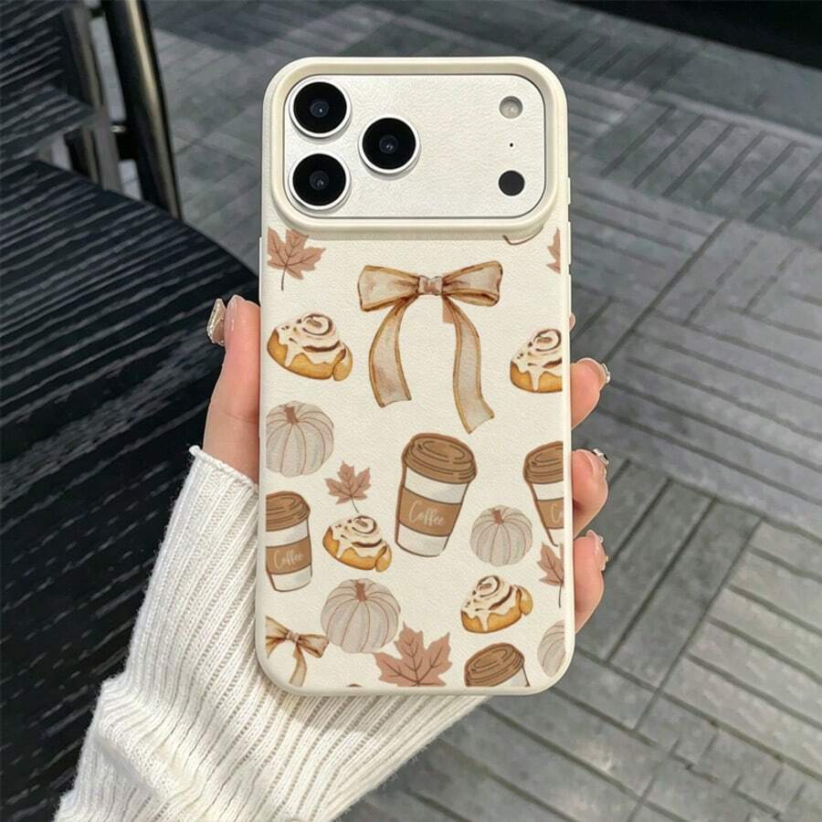 1pc TPU Material Autumn Coffee Dessert Pattern Phone Case Compatible With IPhone 17 Pro Max/17/16 Pro Max/15/13/12/11/ S20 FE/A15/S24/A55/ Note 11/Note 12/Note 13 Pro Full Coverage Anti-Drop Soft Shell Phone Protective Cover - White - View 1