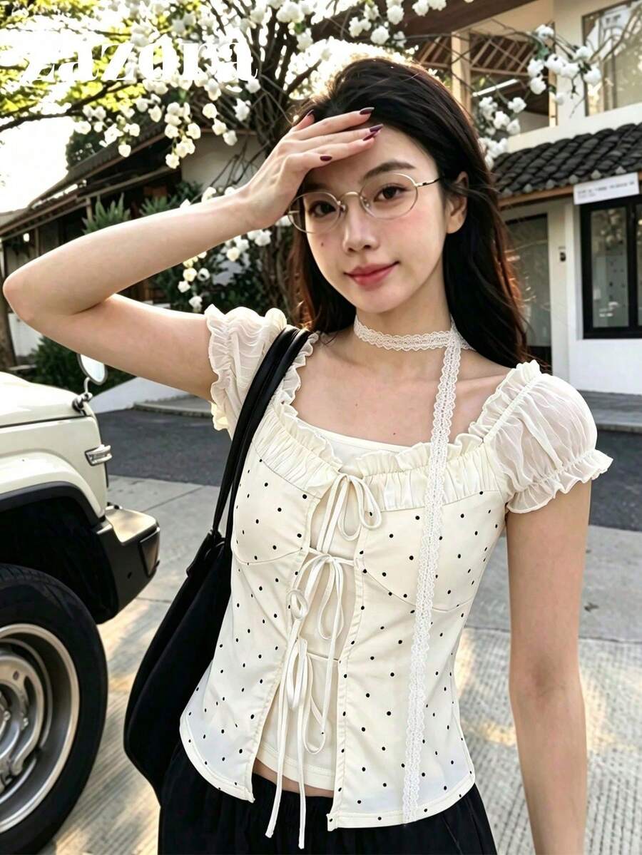韓式溫柔修身 2 合 1 波點印花綁帶上衣 夏季款 - 杏色 - 查看 1
