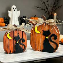 1/2pcs 3D Wooden Pumpkin & Black Cat Figurine Set, Vintage Halloween Desktop Decor, Freestanding Pumpkin Cat With Burlap Bow, Suitable For Tiered Tray, Fireplace Mantel, Indoor Home Party Decoration - Multicolor - View 7