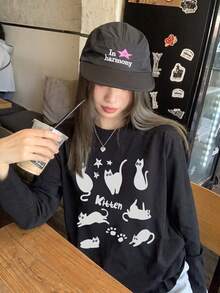 Y2K Millennium Style Women's Spring Autumn Loose Fit Versatile Cartoon Y Japanese Manga Cat Print Pattern Round Neck Fashion Casual Long Sleeve T-Shirt - Black - View 3