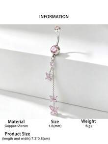 1pc Sexy Glamorous Chain Long Butterfly Cubic Zirconia Navel Ring, Women's Intimate Pierced Belly Button Jewelry - Butterfly - View 19