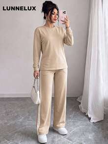 LUNNELUX Women's Autumn 2 Pieces Set, Crew Neck Drop Shoulder Sweatshirt + Side Stripe Wide Leg Pants Loungewear, Halloween Airport Travel Outfit - Apricot - View 5