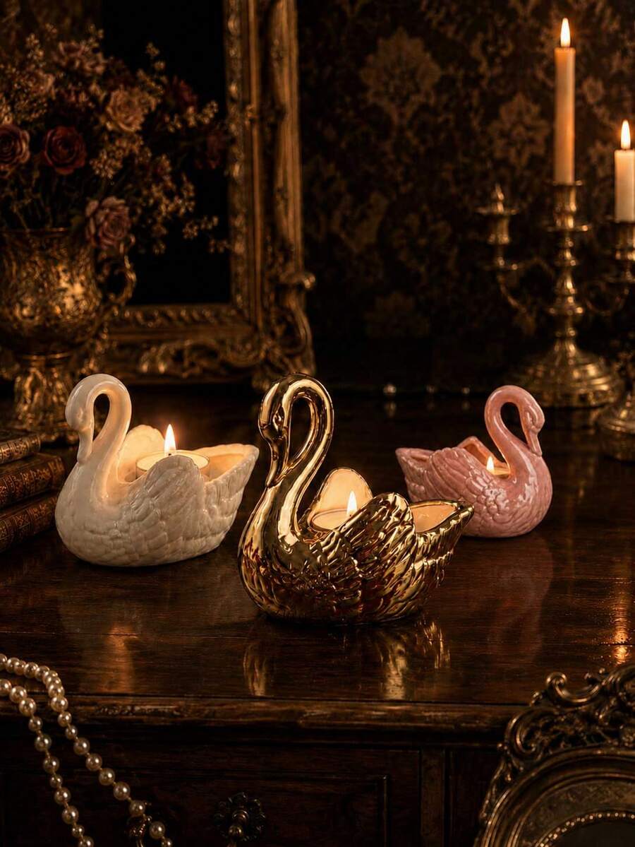 Elegante portavelas de cerámica con cisne blanco, decoración de centro de mesa hecha a mano, decoración romántica para el hogar, adecuado para boda, fiesta de cumpleaños, Navidad, cena de vacaciones, regalo de inauguración de casa, sala de estar, repisa, estética vintage de granja, regalo creativo
