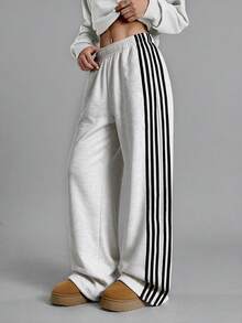 Women Wide Leg Sweatpants Grey, Casual Commute Drawstring Waist Long Pants, Autumn - Grey - View 5