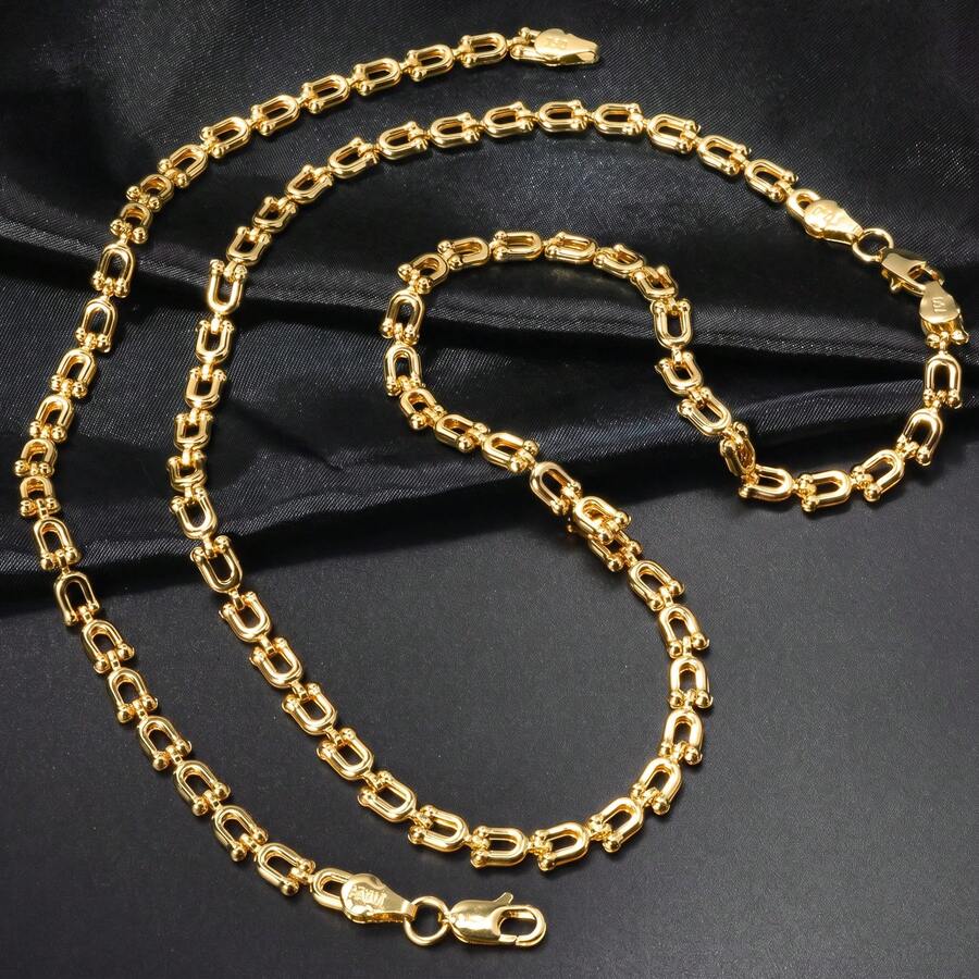 2pcs/Set Minimalist 14K Gold Plated U-Shaped Necklace & Bracelet Jewelry Set, Unisex, Suitable For Daily Wear And Party - Gold - View 1
