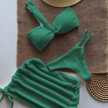 HOTTIE HABIT Women's Emerald‑Green Ruched‑Twist One‑Shoulder Bikini Top, Side‑Drawstring Ruched Mini Skirt 2‑Piece Swim Set For Christmas Halloween Beach Vacation - Green - View 2