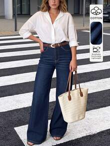 TOP Women's Casual Straight Leg Jeans, Extra Long, Button Decor, Mid-Stretch Fabric, Comfortable Wear Fall - Dark Wash - View 6