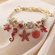 1pc Red Ocean Element Beaded Bracelet With Gold Chain, Seahorse, Starfish, Shell, Coral And Heart Pendant Design, Vintage Style, Summer Vacation, Suitable For Women's Daily Wear, Jewelry - Seahorse Starfish - View 6