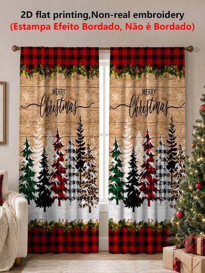 2pcs Red & Black Plaid Trim Vintage Wood Grain Christmas Tree Semi-Sheer Curtains, Merry Christmas Pattern Christmas Tree Snow Scene Print, Polyester Material, Rod Pocket Installation, Christmas Decoration 2027 Home Seasonal Bedroom Living Room Kitchen Laundry Room Curtains, New Year Decoration, Machine Washable, Good Light Transmission, Christmas Atmosphere Decorative Curtains, Multiple Sizes Available, 2D Flat Print, Super Cool Decorative Curtains