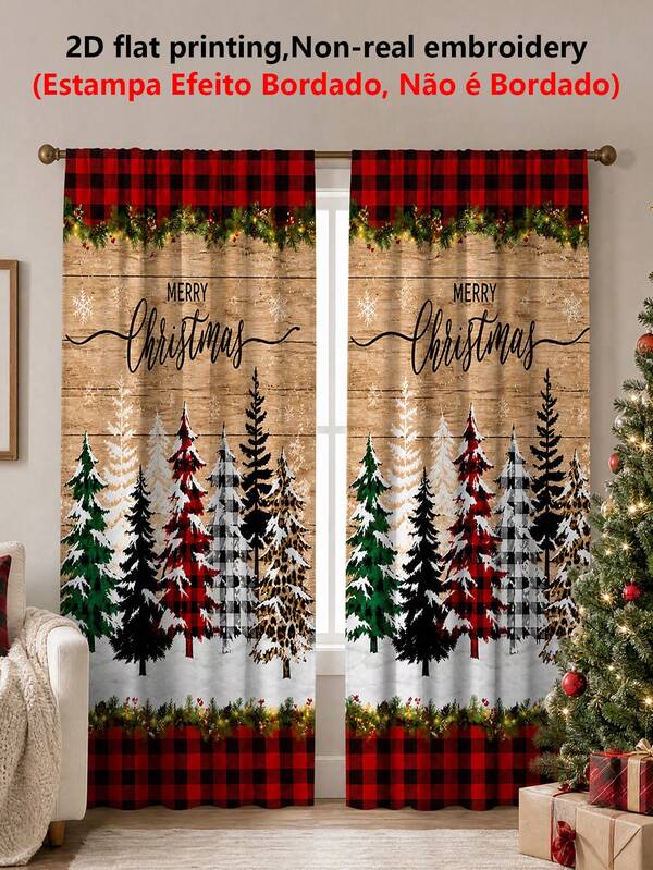 2 tấm rèm bán trong suốt họa tiết cây thông Noel cảnh tuyết Merry Christmas, viền kẻ caro đỏ đen vân gỗ vintage, chất liệu polyester, kiểu luồn thanh treo, trang trí Giáng sinh 2027 cho phòng ngủ phòng khách bếp phòng giặt, trang trí năm mới, giặt máy được, truyền sáng tốt, rèm trang trí không khí Giáng sinh, nhiều kích cỡ, in phẳng 2D, rèm trang trí siêu ngầu