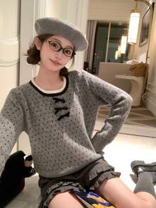 Korean Style Polka Dot Lace Bow Sweater Women Autumn/Winter Lazy Design Versatile Casual Top - Grey - View 3