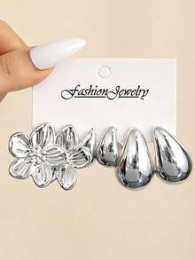 NAIZHU 3/9 Pairs Combination Kids European & American Fashion Metal Water Drop Flower Geometric Earrings Set, Suitable For Daily Wear And Party Accessories - Silver - View 15