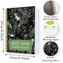 1pc A5 2027‑2030 4‑Year Monthly Planner, Spiral Bound Witchy Nature Journal Notebook, Dark Forest Green Witch With Fern Floral Crown & Raven Art Print, Monthly Schedule Organizer, Perfect Stationery Gift For Gothic & Nature‑Themed Aesthetic Fans - Multicolor - View 2