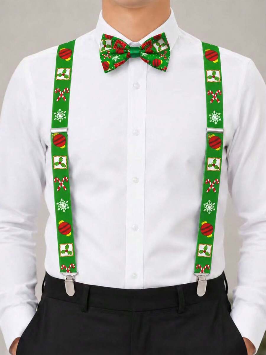 1 Set Men's Christmas Ball Suspenders & Bow Tie Set, Suitable For Christmas Holiday Use - Multicolor - View 1