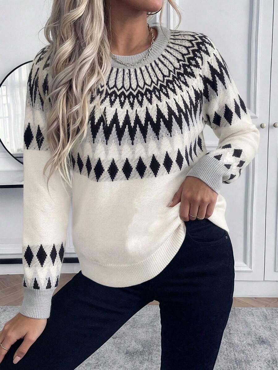 Nordic Relaxed Style Fair Isle Vintage Jacquard Knit Sweater Women's Loose Long Sleeve Pullover Crew Neck Dropped Shoulder Radial Jacquard Texture Soft Skin-Friendly Breathable Daily Wear Early Autumn Outfit Knit Top - White - View 1
