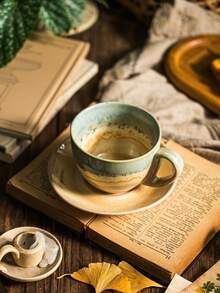 DearDali 1pc Glazed Ceramic Coffee Cup And 1pc Saucer Set, Vintage Colorblock Cup And Saucer, Wabi-Sabi Gradient Cup, Suitable For Latte, Cappuccino, Hot Chocolate, Tea, Coffee Lovers, Gathering, Afternoon Tea, Can Be Used As Gift Or Back To School - Multicolor - View 6