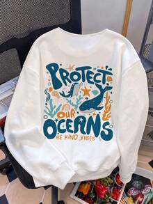 Women's Long Sleeve Knitted V-Neck Sweatshirt, Ocean Protection Graphic, Ideal Casual Back-To-School Style For Autumn - White - View 6