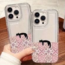 1PC Pink Floral Black Cat Print Transparent Soft TPU Phone Case, Compatible With Apple 18 17 16 15 14 13 12 11 Plus Pro Max Series, Personalized Ins Style - Clear - View 5