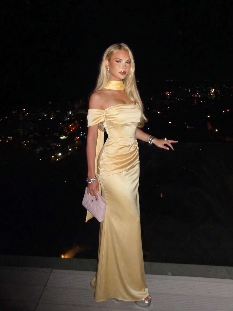 Basrey Women's Elegant Cream Yellow Long Cocktail Dress, Strapless Backless Design With Pleats And Tie Details, Suitable For Evening Gown, Formal Occasions And Weddings