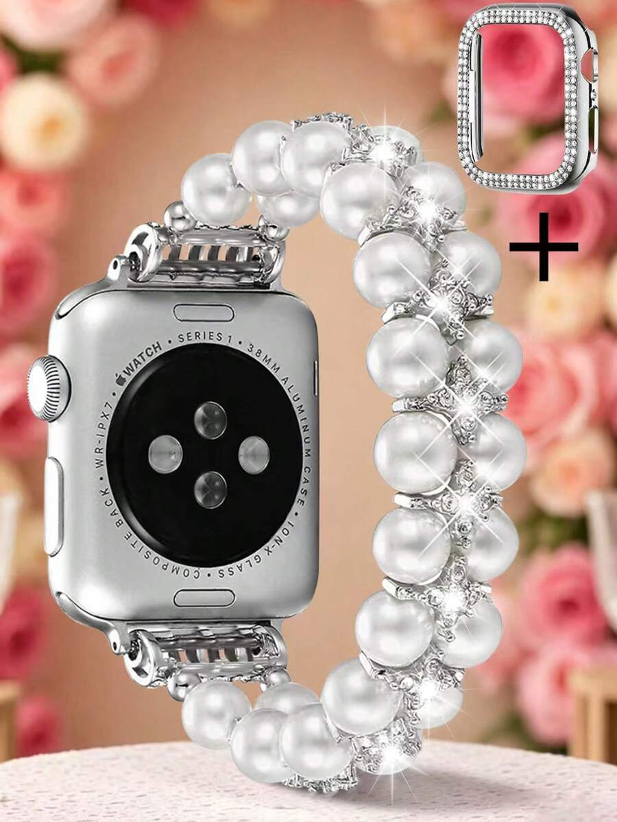 Pulsera de joyería con cuentas - Pulsera de perlas y diamantes de doble hilera + circonita cúbica de doble hilera compatible con Apple Watch 38 mm 40 mm 41 mm 42 mm 44 mm 45 mm 46 mm 49 mm S10/11-42 mm - Correa elástica para mujer - Diseño sencillo, elegante, moderno y brillante de perlas y diamantes - Cuerda cómoda, ligera y duradera - Se adapta a muñecas de 14 a 16 cm de circunferencia - Accesorio de correa de repuesto - 45mm - Ver 1