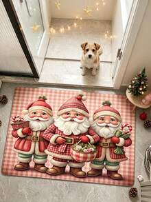 1pc Pink Plaid Background 3 Santa Claus Rectangular Doormat, Christmas, Carpet, Door Mat, Small Rug, Floor Mat, Home Decor, Area Rug - Multicolor - View 3