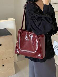 Minimalist Solid Color Glossy Women's Handbag, Modern Commuter Style Shoulder Bag, Large Capacity Bag Suitable For Shopping And Commuting - Red - View 3