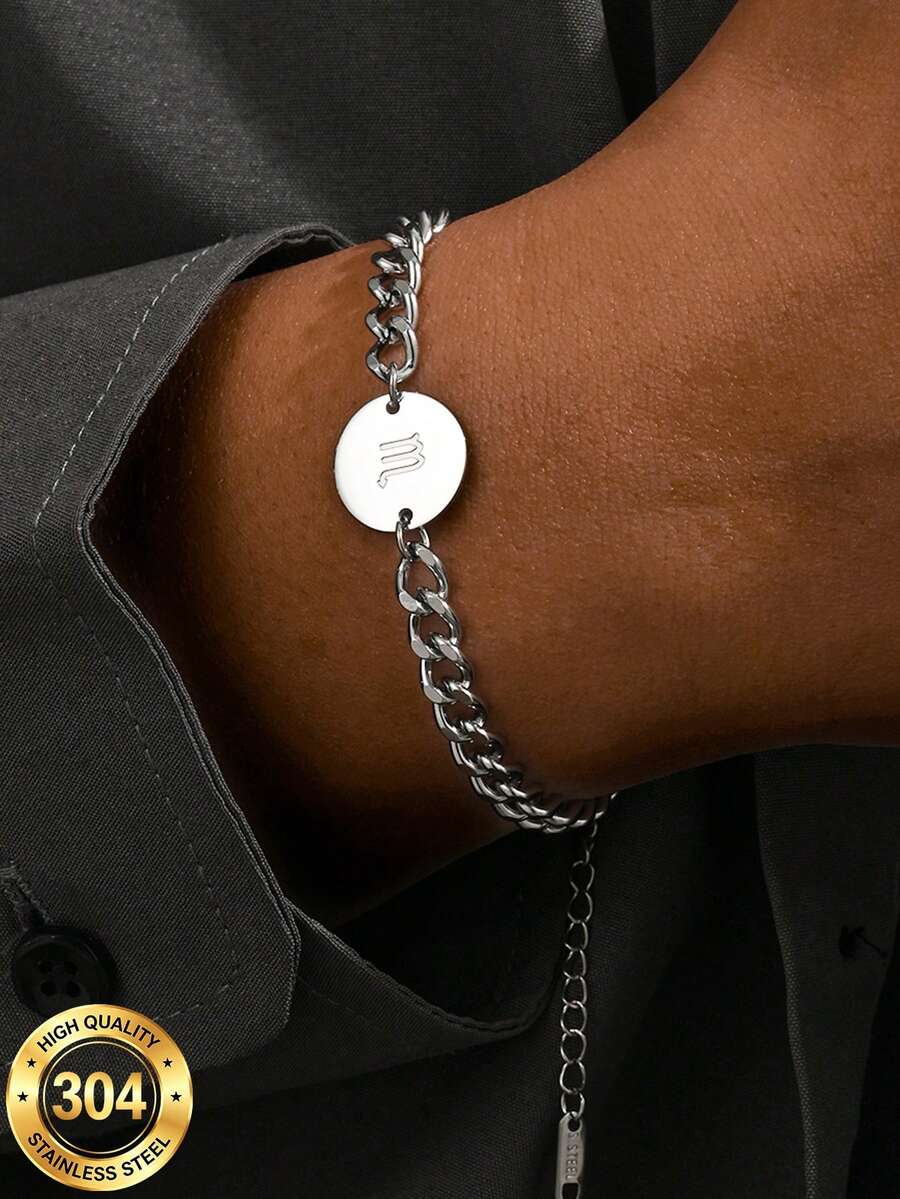 Men's 12 Zodiac Signs Bracelet 304 Stainless Steel Cuban Chain Round Plate Zodiac Pendant Adjustable Hip-Hop Accessory Birthday Gift