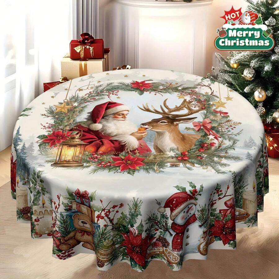 Santa Reindeer Christmas Round Tablecloth, Festive Polyester Table Cover With Snowman, Poinsettia, Evergreen And Holiday Wreath Print For Xmas Dinner, Family Gathering And Winter Party Decor - A - View 1
