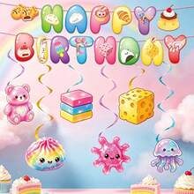 21PC Cute Cartoon Food Theme Birthday Party Decoration Set, Including Birthday Flags With Dumpling And Bread Patterns, Jelly Bear And Starfish Hanging Ornaments With Rotating Fringes, And Party Ceiling Hanging Decorations - View 3