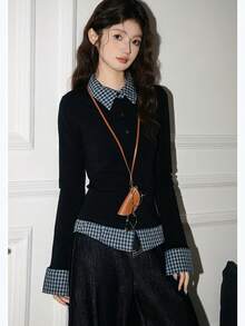 Polo Collar Faux Two-Piece Layered Base Layer Slim Fit Long Sleeve T-Shirt Top For Women, New Design - Navy Blue - View 9
