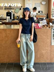 Navy Blue Thin Low Neck Short Sleeve T-Shirt Women Korean Style Fitted Cropped Top - Navy Blue - View 3