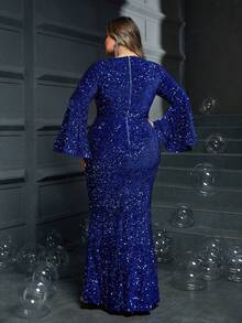 Plus Size Elegant Glamorous Royal Blue Shiny Square Neck Flare Sleeve Mermaid Party Evening Dress - Blue - View 5
