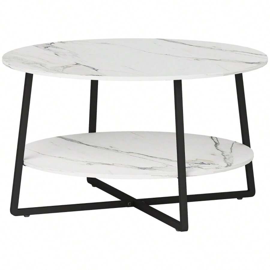 Two-Tier Marble-Effect Coffee Table - White/Black On-Site - 1 - View 1