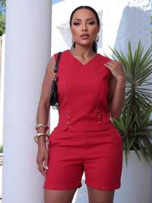 Conjunto Keith Alfaiataria com Colete e Bermuda - Vermelho - Visão 9