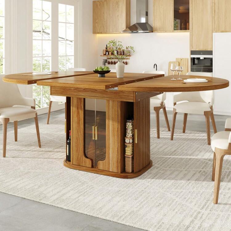 Extendable Dining Table, Dining Room Table, Kitchen Table, Round Dining Table, Extends To Oval, 118-158, Seats Up To 6 People, Three-Tier Storage, Walnut - Walnut + MDF - View 6
