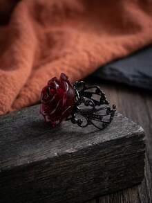 1pc Gothic Red Rose Ring, Victorian Vintage Filigree Adjustable Finger Ring, Dark Alternative Personalized Jewelry Gift For Women - Multicolor - View 4