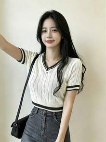 女士撞色滚边V领短袖针织上衣 白色 夏季 - 白色 - 查看 5